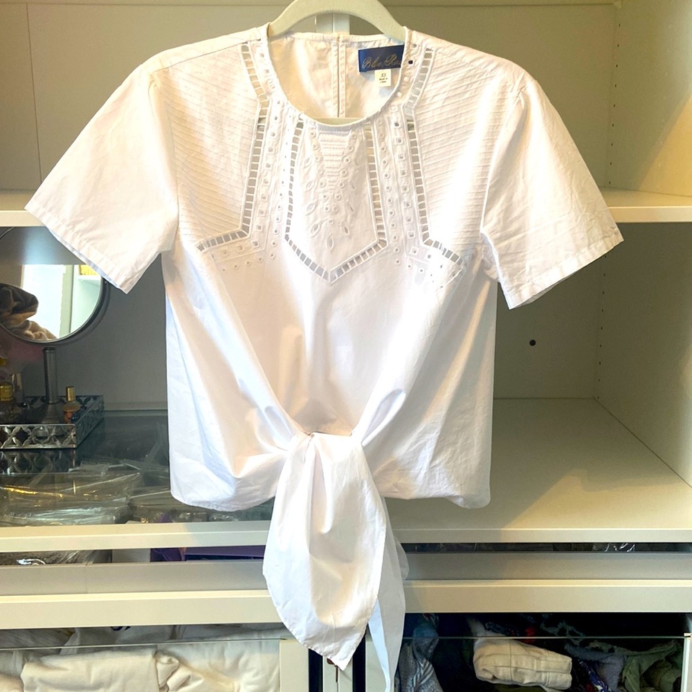 White cotton pull over tie waist blouse